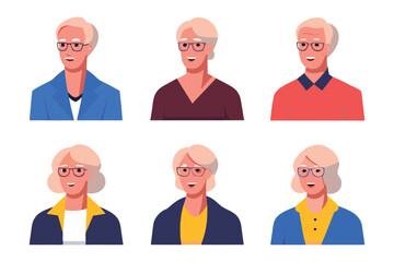 Elegant Ensemble: A captivating illustration featuring six distinct depictions of a senior person, each showcasing unique attire and graceful charm, embodying the beauty of experience.