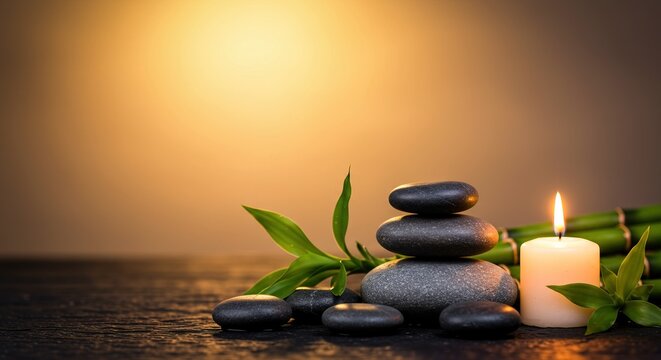 Tranquil zen stones balanced near a candle and bamboo offer serenity and calm