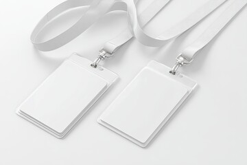 Two blank white lanyards with id cards