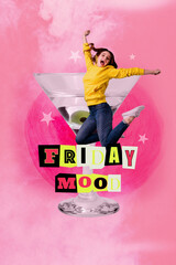 Trendy sketch pop artwork collage of happy girl guy dance weekend chill night club martini glass bar occasion celebration birthday