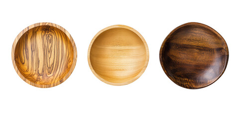 Wooden bowls natural grain smooth finish isolated on a transparent background