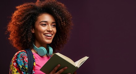 a smiling young boy with a book, a bright background, and wide margins for the overlay text