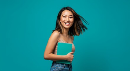 a smiling young boy with a book, a bright background, and wide margins for the overlay text