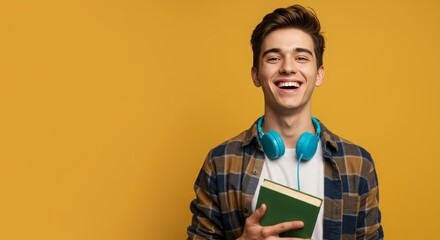 a smiling young boy with a book, a bright background, and wide margins for the overlay text