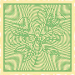  Green color lined Azalea flower line art canvas design with engraving style, canvas template, stamp dot halftone texture, botanical floral decor vector illustration