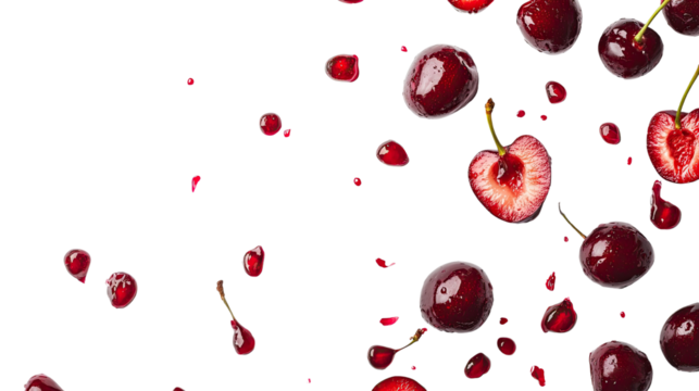 Fresh ripe red cherry whole and sliced fruit with juicy texture and stone core isolated on white background