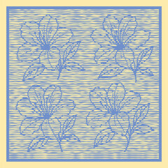  Blue Color Lined Canvas Azalea Flower Line Art Design with Engraving Style, Stamp Dot Halftone Effect, Vintage Botanical Canvas Template for Decorative Vector Artwork