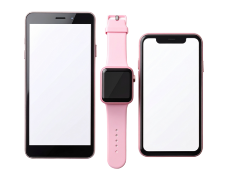  Flat Lay of Pink Smartwatch, Smartphone and Tablet on White Background – Isolated PNG Mockup - Powered by Adobe