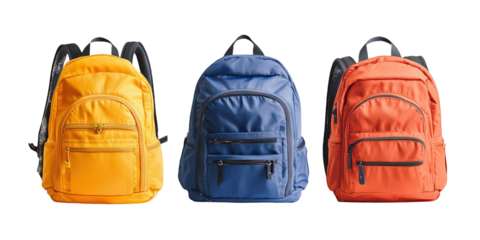 Yellow blue orange backpacks isolated on a transparent background