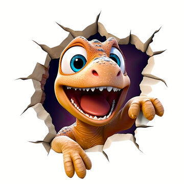 Sticker 3D de Dinosaure de Dessin Anim&eacute; Joyeux Sortant d'un Mur D&eacute;chir&eacute; &ndash; Illustration Ludique et Amusante