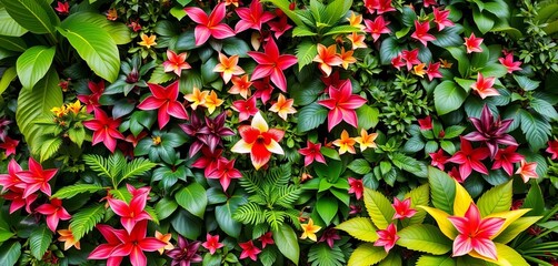 Lush green wall of diverse tropical plants, vibrant foliage with colorful blooms,  background,  botanical