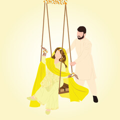 Indian wedding. Indian haldi night. Haldi, Dholki, Mehndi night invitation card. Editable vector illustration for traditional rajasthani indian haldi , mehendi wedding setup, sangeet night decoration