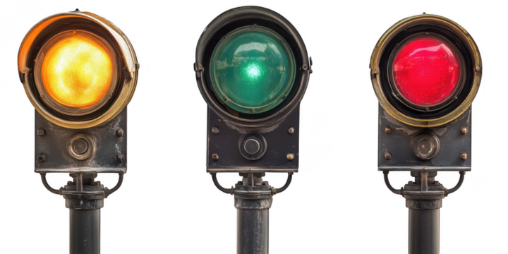 Yellow green red signal lights isolated on a transparent background