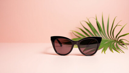 A chic pair of cat eye sunglasses with bold, black frames and reflective lenses sit prominently against a sleek, pastel pink background, adorned with a single