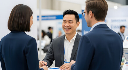 Smiling Asian businessman in suit networking at conference.