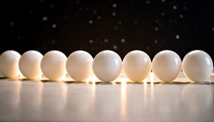 Row of glowing white spheres on a light surface