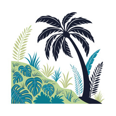 Fototapeta premium Tropical Palm Tree and Jungle Leaves Illustration – Exotic Island Nature in Modern Vector Style