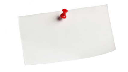 Blank white paper note held by a red pushpin isolated on transparent background