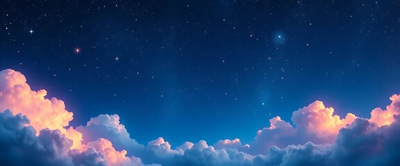 Magical night sky with glowing clouds, shining stars, and infinite blue backdrop Abstract motion design holiday card vector illustration, night, design