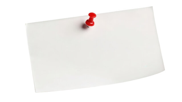 Blank white paper note held by a red pushpin isolated on transparent background