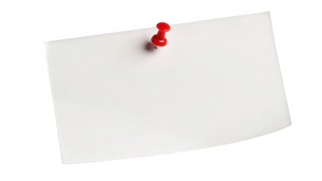 Blank white paper note held by a red pushpin isolated on transparent background