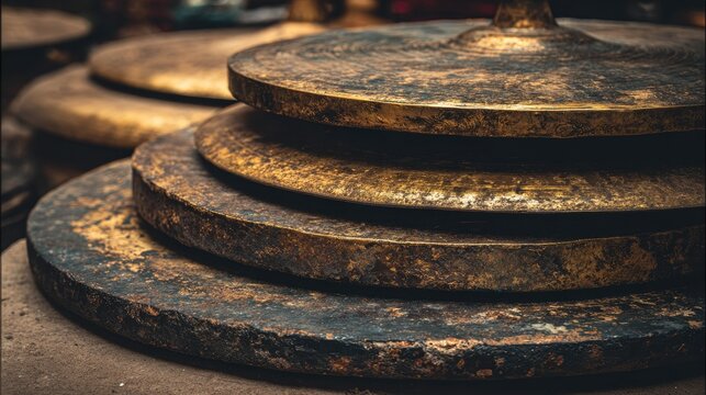 Aged brass ceremonial cymbals stacked