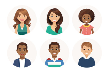 Portraits of Happiness: A collection of diverse smiling individuals, each in a circular frame, offering a glimpse of joy and positivity through vibrant cartoon illustration.