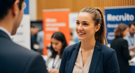Young Businesswoman Networking at a Career Fair.