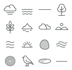 Nature-inspired neutrality line icons. overcast sky, still water, horizon line, balanced tree, even leaf pattern, mountain reflection, cloud