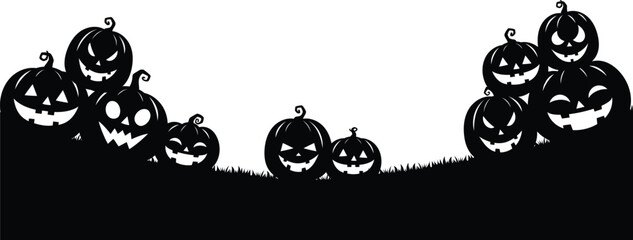 spooky pumpkin silhouette border, haunted stack of pumpkin on ground silhouette footer, funny halloween jack o lantern horizontal decoration illustration