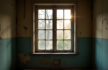 Fototapeta premium warm diffused light filters grimy panes dusty old window casting soft glow worn walls peeling