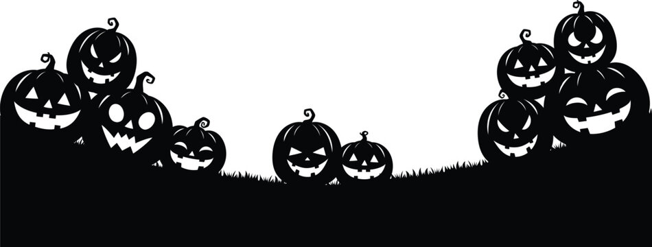 spooky pumpkin silhouette border, haunted stack of pumpkin on ground silhouette footer, funny halloween jack o lantern horizontal decoration illustration