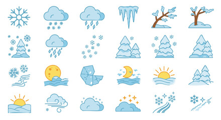 Set of 15 Winter Weather and Nature Icons in Flat Style
