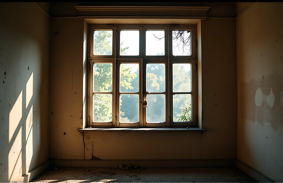 warm diffused light filters grimy panes dusty old window casting soft glow worn walls peeling
