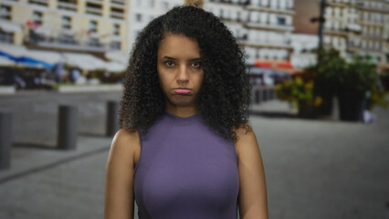 Young woman with curly hair pouts lips and slouches on an urban street lined with bollards; fatigue.