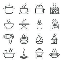 Smoke in daily objects line icons. cooking pot, hot tea cup, burning toast, fireplace, steaming bowl, ironing board, scented candle, sauna, hair
