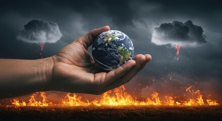 editorial of a hand holding a miniature earth, with a background of clouds and rainstorms and fire