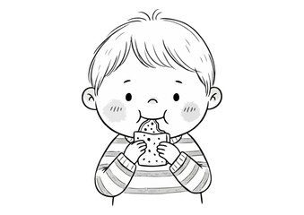 Cute little boy eating a snack illustration in a monochrome style with a delighted expression