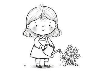 Cute girl watering flowers illustration in a monochromatic style with a cheerful expression
