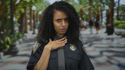 Woman police officer in uniform stands confidently on a bustling street, showcasing authority and...