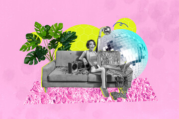 Art sketch image vertical collage of happy hippie girl sit sofa hold disco ball tinsel decoration...