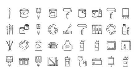 A Grid of Simple, Clean Line Drawings Depicting Various Painting and Art Supplies