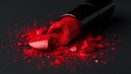 Broken Red Lipstick with Powdered Pigment on Black Background, Close-Up