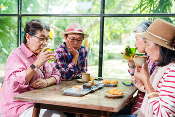 Group of senior Asian women enjoying green tea drinking relaxing conversation casual colorful clothing cheerful lifestyle cafe indoor natural light greenery friendship leisure retirement bonding