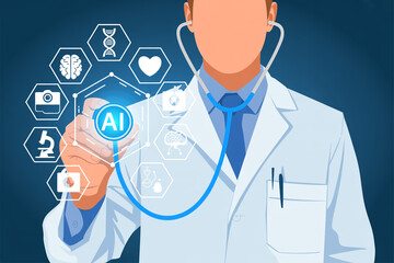 A professional medical illustration showing a caucasian male doctor in a light blue lab coat and blue tie holding a stethoscope against a dark blue background.