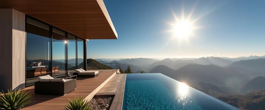 Modern hillside home, infinity pool, panoramic mountain views, sunny day, real estate, nature - Powered by Adobe