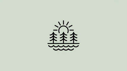 A minimalist line art logo design featuring three pine trees in a horizontal arrangement against a wavy horizon line.