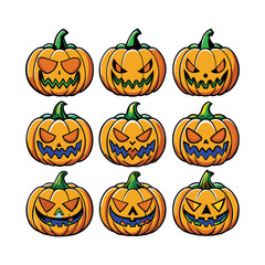 Collection of nine spooky halloween jack o lantern faces isolated on white background