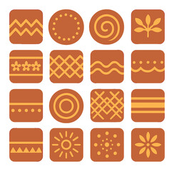 Clay Pot Decorative Patterns modern flat style . zigzag band, dotted ring, spiral swirl, leaf motif, floral band, diamond grid, wave line, scallop edge, bead trim