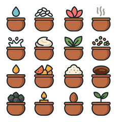 Clay Pot Contents modern flat style . water droplet, rice grain pile, flower petals, incense smoke, milk splash, yogurt swirl, herbal leaves, spice mix, oil sheen, fruit